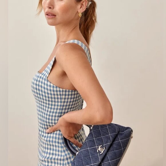 NEW Reformation Brigitte Linen Dress Blue and White Gingham Azure Check | size 2 - Picture 4 of 12